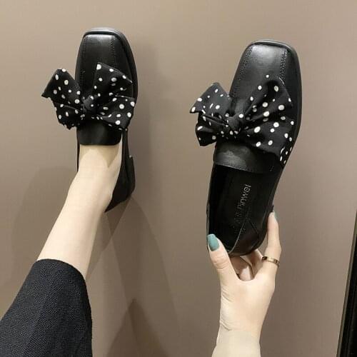Bow Fashion shoes Square Head pea shoes Shallow mouth wild single shoes new retro grandma shoes Ladies loafers shoes U15-71