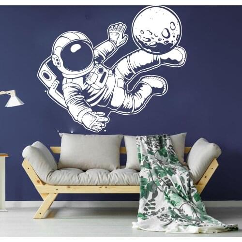 Large Astronaut Outer Space Wall Decal Cartoon Cosmonaut Play Soccer Star Planet Wall Sticker Playroom Kids Room Vinyl Decor
