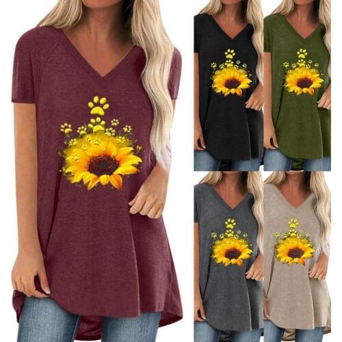 2021 New Women Blouse Sunflower Print Loose Pullover Women Short Sleeve Blouse T Shirt Fashion Female T-Shirt for Daily Life