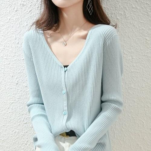 Spring Autumn New Knitting Cardigan Womens Sweater Large V-Neck Loose Long-Sleeved Bottoming Shirt Draw Simple Versatile Top