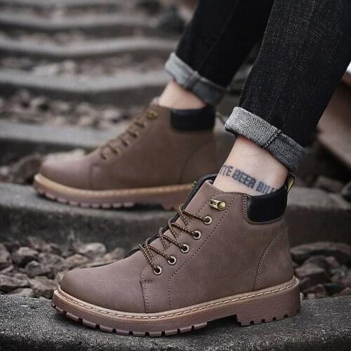 ZEEKSON New British Big Head High-top Mens Boots Korean Low-top Tooling Shoes Mens Casual Leather Shoes Lace-up Martin Shoes