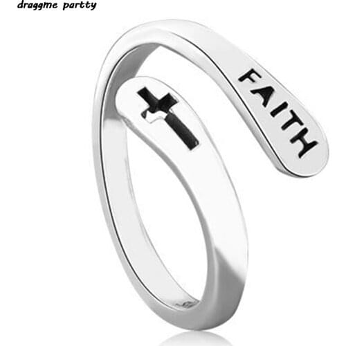 New Trendy Adjustable Ring Vintage Faith Letters Cross Opening Adjustable Rings For Women Men Christian Jewelry Gift