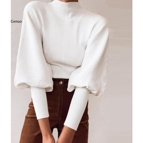 Autumn Winter Knitted Sweater High Collar Lantern Sleeve Loose Womens Sweater High Street Fashion Pullover Jumper