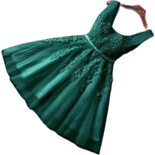 Custom 12 Color Green Blue Purple Pink Prom Dresses Short V Neck Appliques Pearl Beading Lace Up Knee-Length Wedding Party Dress