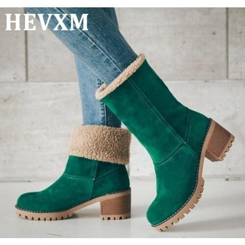 SIZE35-43 Winter Ankle Boots Women Square Heel Snow Boots Ladies Plush Warm Platform Flock Shoes Female Slip-On Zapatos De Mujer