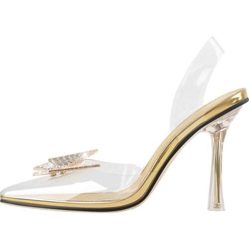 Richealnana Casual Pointed Toe Pumps Transparent Metal Stiletto Heel Slip-on Pumps PVC Butterfly Clasp Metal Decoration Shoes