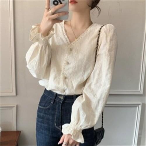 2021 Shirts Women Solid Fashionable French Tender Vintage V-Neck Flare Sleeve Temperament Female Blouses Korean Style All-match