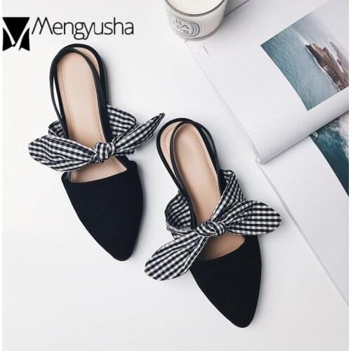 High quality suede leather summer shoes woman pointed toe sandals brand plaid bowtie gladiator sandalias mujer women mules c392