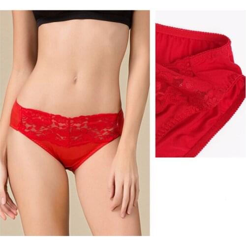 Women Panties 100% Natural silk Low Rise Underwear Lace Panties Everyday Sexy Lace Briefs for Women 2019 Red Black Nude
