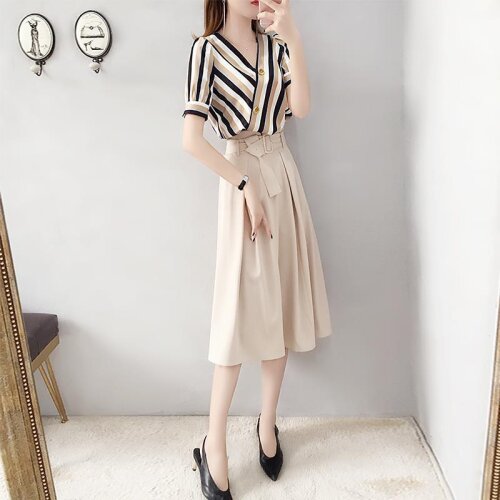 Womens Two-piece Suit 2021 Summer Guest Mid-length New Fashion Temperament Is Thin And Casual High-waisted Skirt