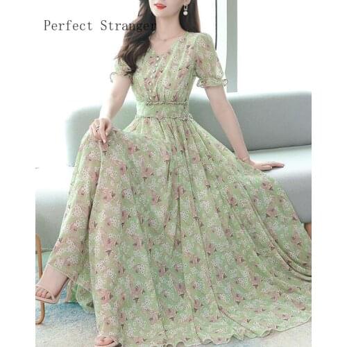 2021 Summer New Arrival Cool French Style V Collar Short Sleeve Printed Women Long Dress