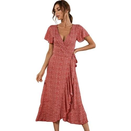 Summer Floral Maxi Dress Sexy V-Neck Short Sleeve Bandage Elegant Split Night Dresses For Women Mid-Calf Longue Vestidos Midi
