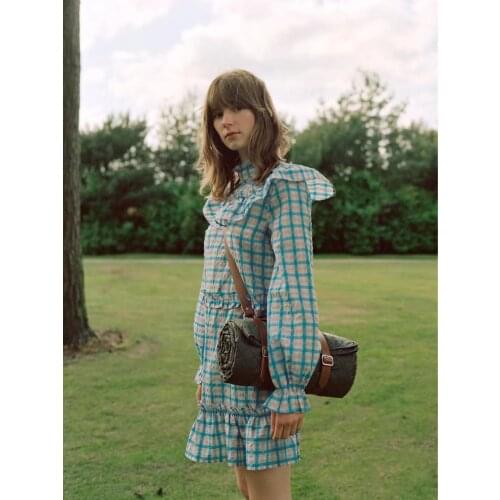 Women Dress 2021 Fall New Product Ruffled Puff Sleeve Plaid Dress Doll Dress