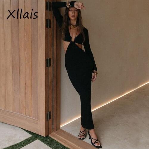 XLLAIS Off The Should Long Sleeve Robe V-Neck Blouse Buttocks Women Clothing Sexy Evening Casual Midi Dresses