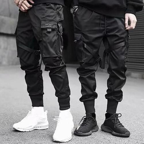 2021 Hip Hop Men Casual Multi Pockets Straps Ankle Tied Cotton Drawstring Cargo Pants Long Track Fashion Trouser for Men