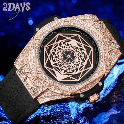 PINTIME Diamond Watch Men Creative Geometric Polygon Dial Quartz Watch Fashion Embossed Leather Strap Luxury Sports Relogio