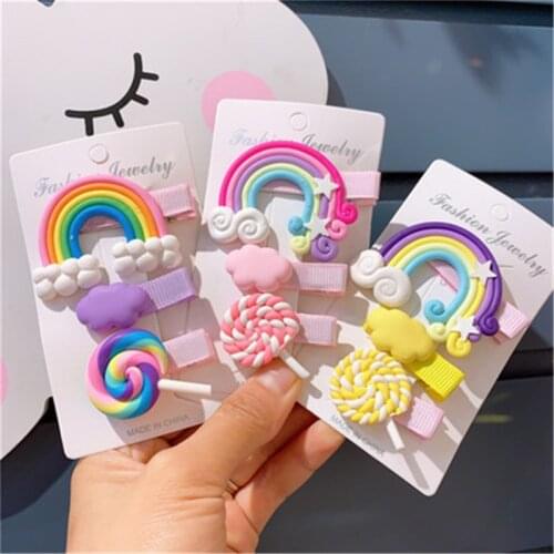 Children Child Girl Kids Hair Clips BB Hairpin Set Cute Korean Japan Cartoon Rainbow Cloud Lollipop Head Wear Accessories-AZ-W12