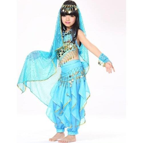 Belly Dance Children Indian Costume Set 5-piece (Top, Belt, Pants, Headpiece and Sleeves) Bollywood Dance Costumes for Girls