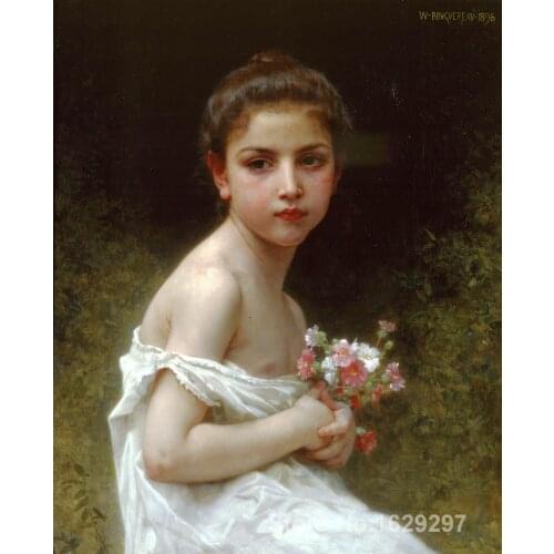 Girl bouquet William Adolphe Bouguereau painting for bedroom decoration High quality
