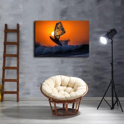Canvas Paintings Home Decor 1 Piece Windsurfing Sunset Sky Sea Waves Poster Living Room Prints Surfing Wall Art картины obrazy