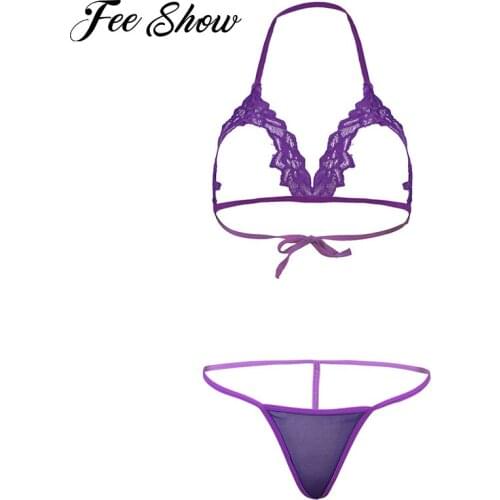 Womens Floral Lace Lingerie Suit Sexy Costumes Nightwear Two-Piece Underwear Sleepwear Hollow Out Open Cup Bra Set with T-Back