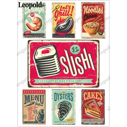 Retro Metal Plaque Food Pizza Salsa Fish Meat Metal Poster Wall Art Bar Restaurant Kitchen Home Decoration Accessories 20X30Cm