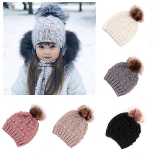 Cute Toddler Kids Hats Girls Boy Baby Winter Warm Crochet Knit Hat 2019 Brand Beanie Fur Pom Pom Cap Childrens Caps