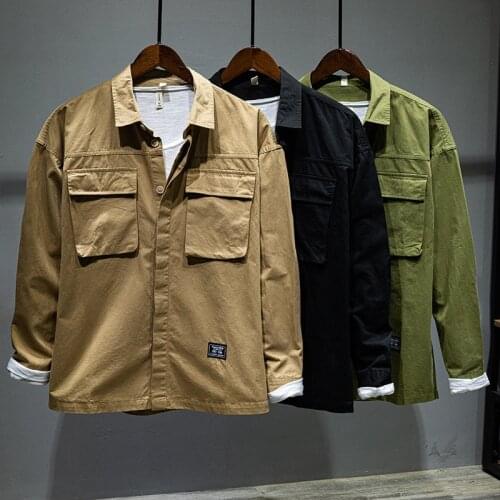L504 Autumn Male Trendy Cargo Shirts Cotton Khaki Lapel Vintage Simple Loose Multi-Pocket Outdoor Camping Tooling Men Daily Coat
