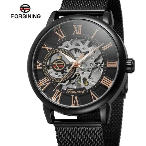 FORSINING Mens Watches Hand Wind Mechanical Skeleton Top Brand Luxury Men Wrist Watch Steel Sport Military Male Clock Box 020