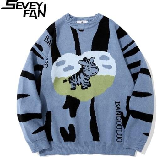 SEVEYFAN Mens Fashion Cartoon Deer Striped Sweater Loose O Neck Cotton Pullover Knitwear for Couples