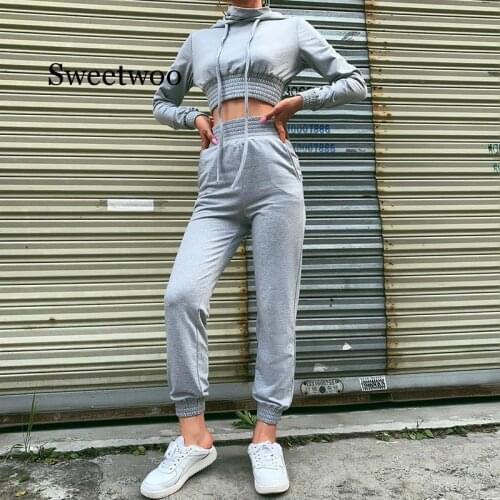 2020 Autumn Gray Women Hoodie Suits High-Neck Long Sleeve Fashion Casual Elastic Pants Rompers Top Clothing Sweatshirt Set