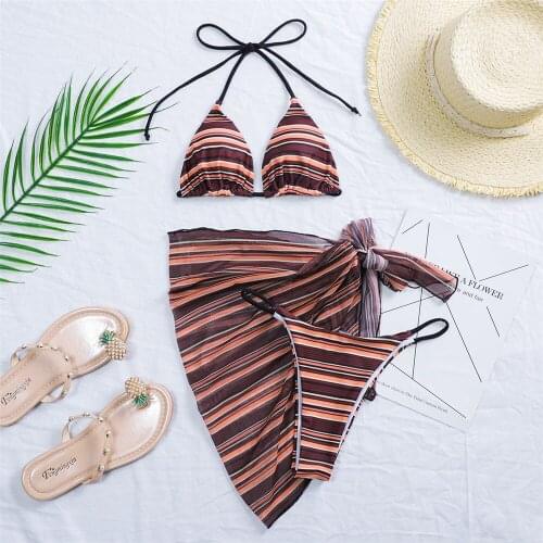 Sexy Striped With Sarong Bikini Women Micro Swimwear Female Swimsuit Three-pieces Bikini set Halter Bather Bathing Suit Swim
