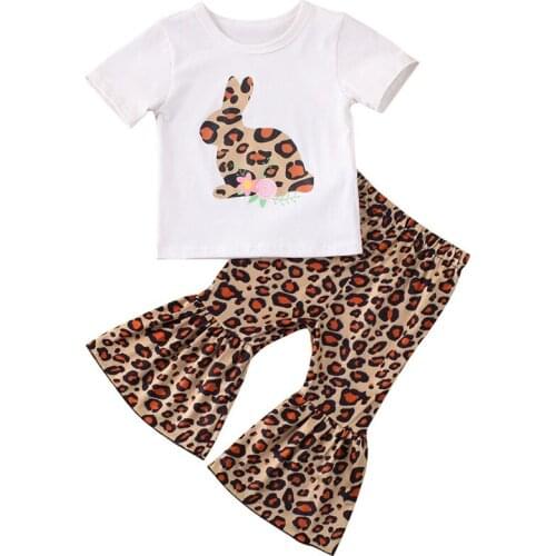 Cute Toddler Baby Girl Easter Clothes Short Sleeve T-shirt Tops+Leopard print Pants 2PCS Outfits Set