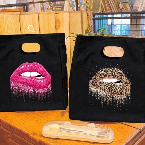 Women Lip Leopard Love Printing Lunch Pouch Fashion Harajuku Reusable Thermal Bags School Teacher Dinner Box Portable Picnic Bag