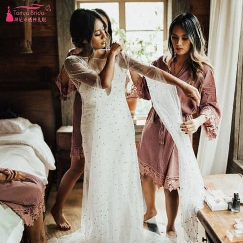 Gorgeous Bohemian Wedding Dresses Tulle Pearls Long Flare Sleeve Bridal Gowns Elegance Country Vestidoe De Noiva ZW173