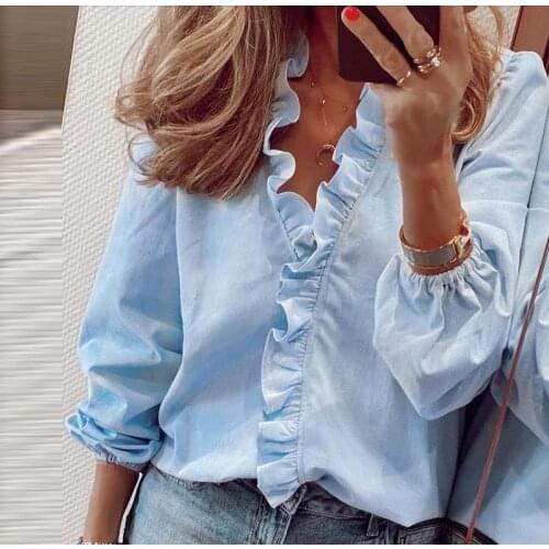 Blouse Shirts Office Lady 2020 Spring Summer Print long Sleeve Ruffle Women Blouses Sexy V-neck Long Sleeve pullover Tops