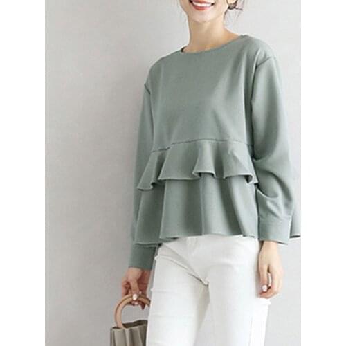 Japanese And Korean Style Top Stitching Ruffled Shirt Long-sleeved Solid Color Round Neck Shirt Autumn Shirt 2021 Womens