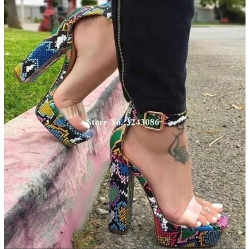 Lady Snakeskin Leather Chunky Heel Sandals Shoes Women Sexy PVC Ankle Buckle Platform Sandals Fashion Party High Heels Sandals