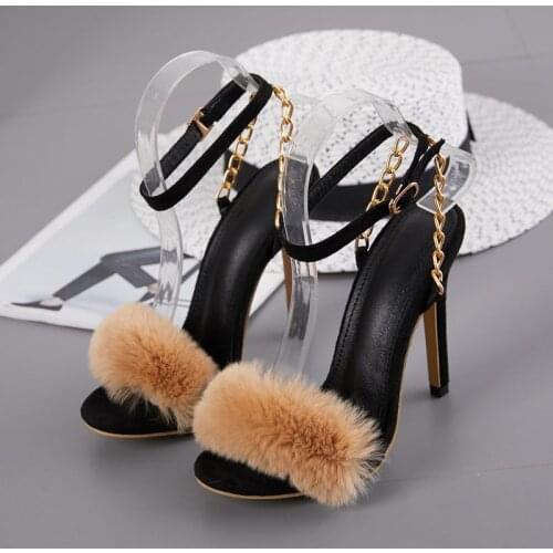 2020 Sweet Fashion Sandals Women Shoes Villi Chain Thin High Heels Round Toed Wedding Dress Ankle Buckle Strap Black 35-42