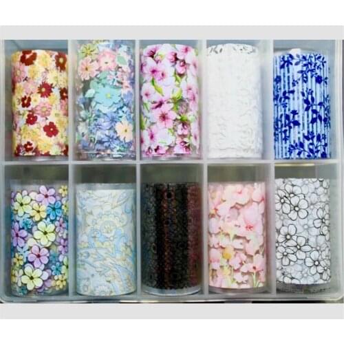10 Rolls/box Nail Art Foil Sticker 100*4cm Flower Pattern Transfer Adhesive Decals Manicure Nail Decoration Paper Slider TG#37