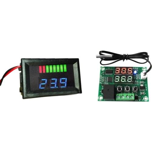 12V ACID Lead Battery Charge Level LED Tester Blue Voltmeter & DC12V XH-W1219 NTC Sensor Switch Regulator Sensor Module