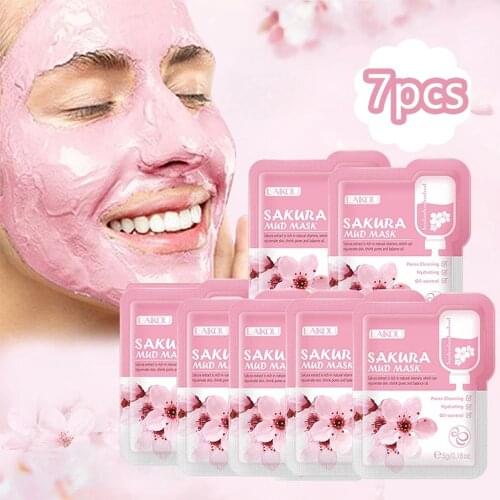 LAIKOU 7Pcs Japan Sakura Mud Face Mask Anti Wrinkle Anti-Aging Night Facial Packs Skin Clean Dark Circle Moisturizing Skin Care