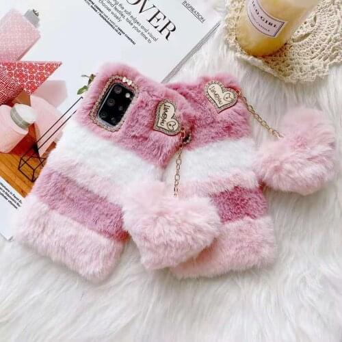 For Samsung Galaxy S9 S10 S20 Plus Note 9 10 20 Ultra Luxury Love Diamond Lens Warm Furry Heart Pompom Phone Case Back Cover