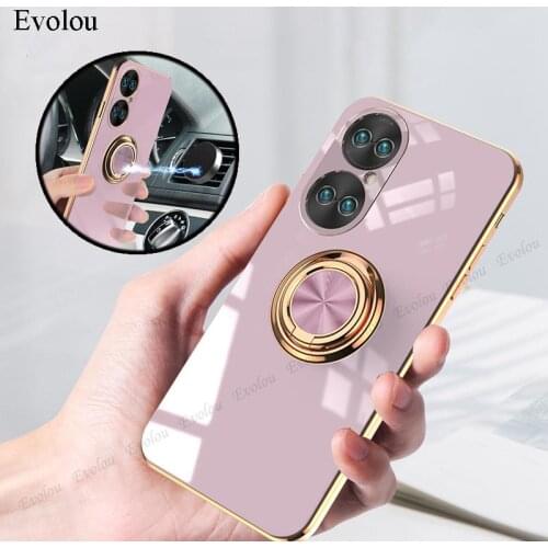Magnetic Ring Stand Holder Phone Case For Huawei P50 P40 P30 P20 Pro Capa Camera Lens Protection Plating Shockproof Back Cover