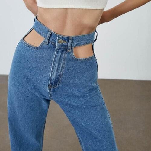 COKAGO Hollow Out Womens Pants Female High Waist Jeans Women Straight Leg Cotton Denim Overalls Trousers for Female Clothing