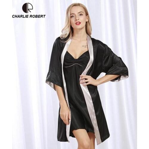 CR New Sexy Silk Like Sleepwear Women Robe Sets Robe & Nightgrown Set Pajama Sleeping Dress AP320