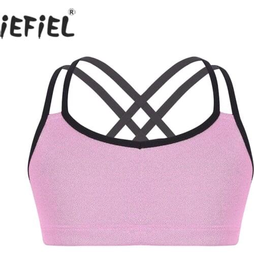 Kids Girls Dance Bar Gymnastics Workout Crop Top Exercise Yoga Tank Ballet Vest Metallic Double Shoulder Straps Underwear