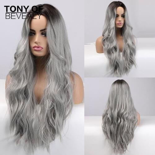 Long Wavy Black to Gray Ombre Hair Wigs Wholesale Wigs Middle Part For Afro Women Cosplay Heat Resistant Synthetic Wigs