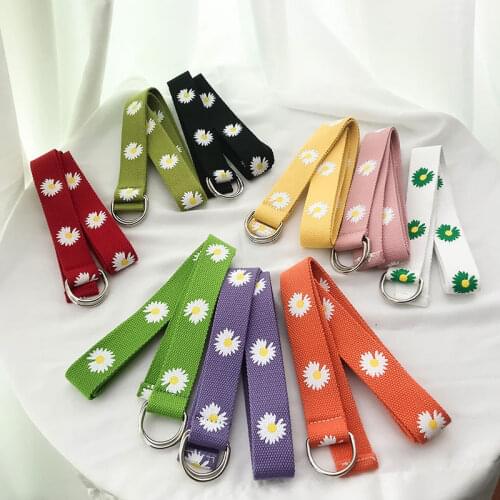 Women Daisy Printed Belt Unisex Double D Ring Canvas Strap Female Long Belts For Jeans Belts For Women Men Canvas Belt