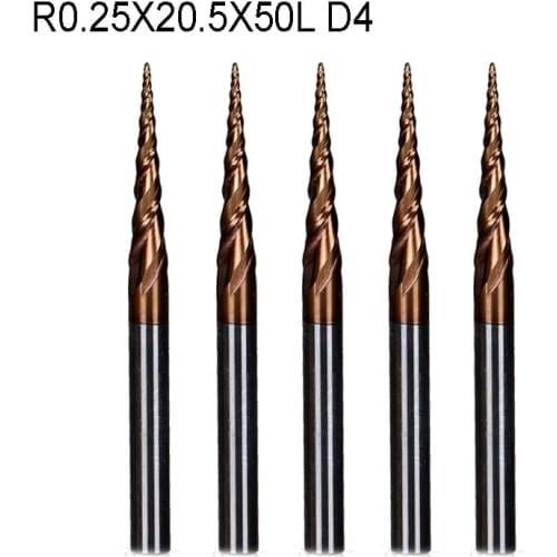 5pcs/lot R0.25*D4*20.5*50L*2F HRC55 Tungsten solid carbide Coated Tapered Taper Ball Nose End Mill cone type cnc milling cutter